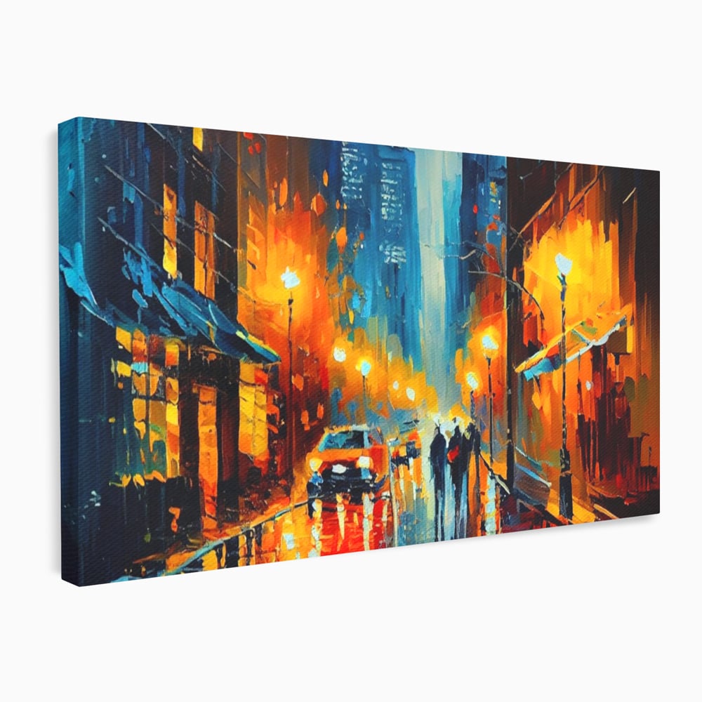 Tablou canvas cu pictura stradala cu oras plouat, fara rama, pe sasiu de lemn